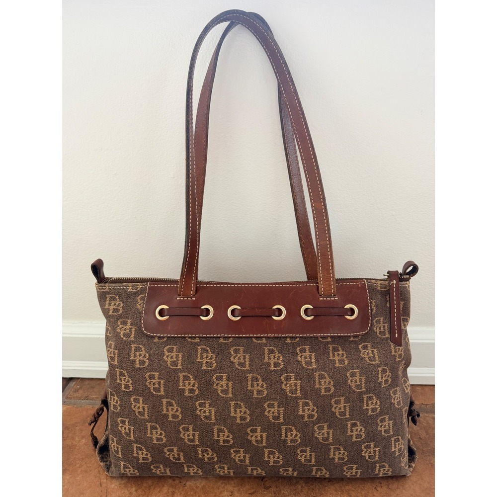 Dooney & Bourke Purse Women's Brown Monogram Tassel Canvas Leather Trim Vintage - Picture 2 of 13